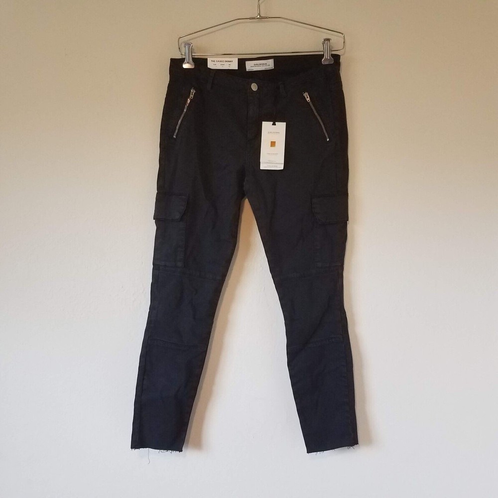 Zara Woman Size 40 The Cargo Skinny in Faded Black Satin Skinny Black Jeans New